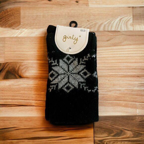 Black and Snow Flake Over the Knee Socks OSFM - Picture 2 of 4